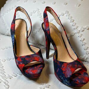 Jessica Simpson "Sabella" Sling Back Red & Blue Floral Platform Pump SIZE 7M/37